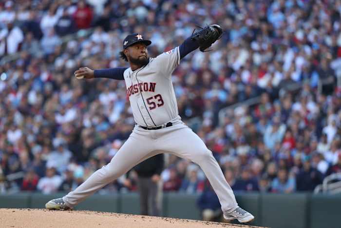 Oct 10, 2023; Minneapolis, Minnesota, USA; Houston Astros starting pitcher Cristian Javier (53) pitches in the first inning against the Minnesota Twins during game three of the ALDS for the 2023 MLB playoffs at Target Field. Mandatory Credit: Jesse Johnson-USA TODAY Sports